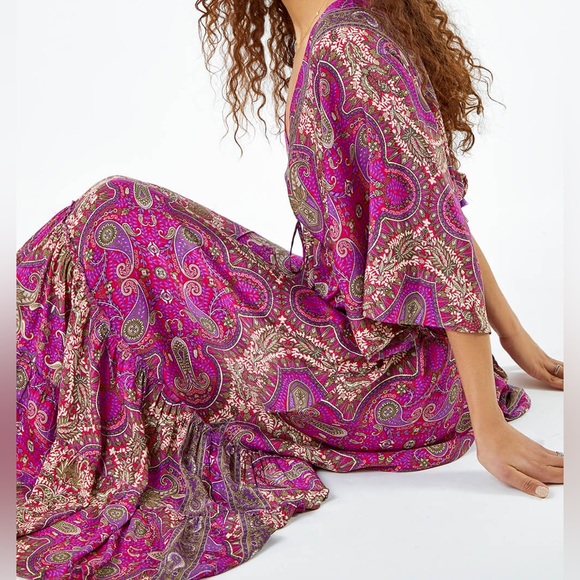 Bohemian flared paisley pink maxi dress one size 100% Viscose - Picture 17 of 17